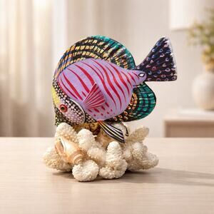 Wooden Nautical Decor Colorful Fish Statue/Figurine Made On Taiwan